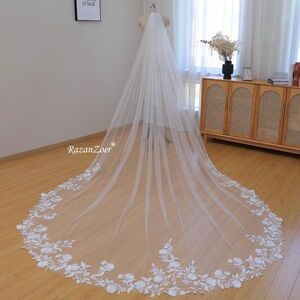 Bridal Cathedral Veil with Embroidered Flowers Roses Bride Wedding Ivory 108 in